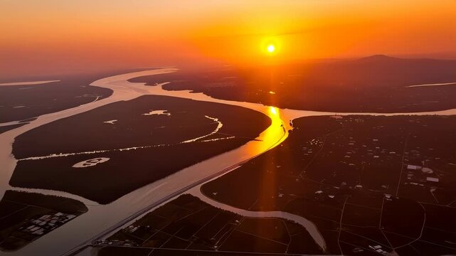 Aerial braided river at fiery sunset