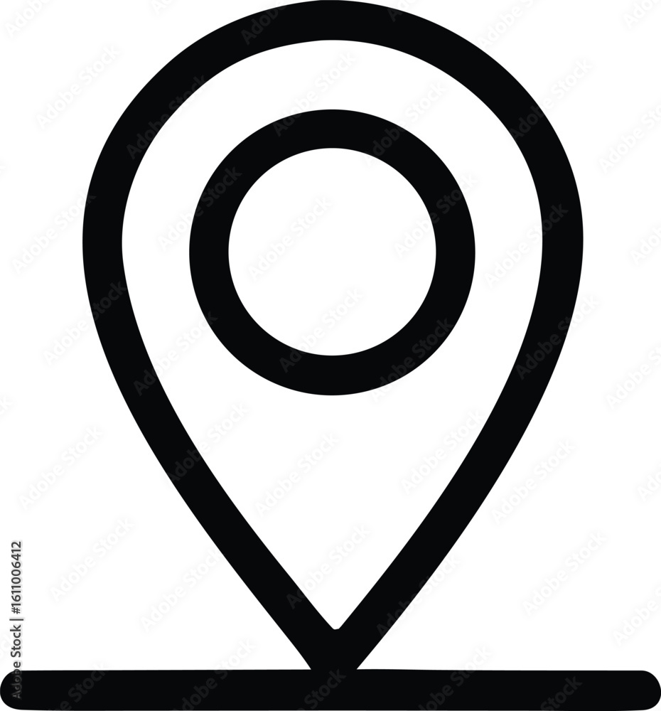 Poster simple black and white outline of a map pin icon with a circular inner marker symbolizing location a
