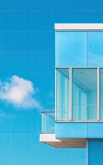 A vibrant turquoise building section against a bright blue sky, featuring a balcony with glass railings
