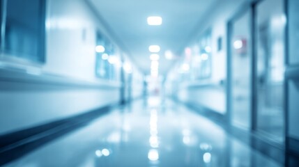 an indoor hallway within what appears to be a medical facility, given the presence of a hospital bed and other equipment in the background