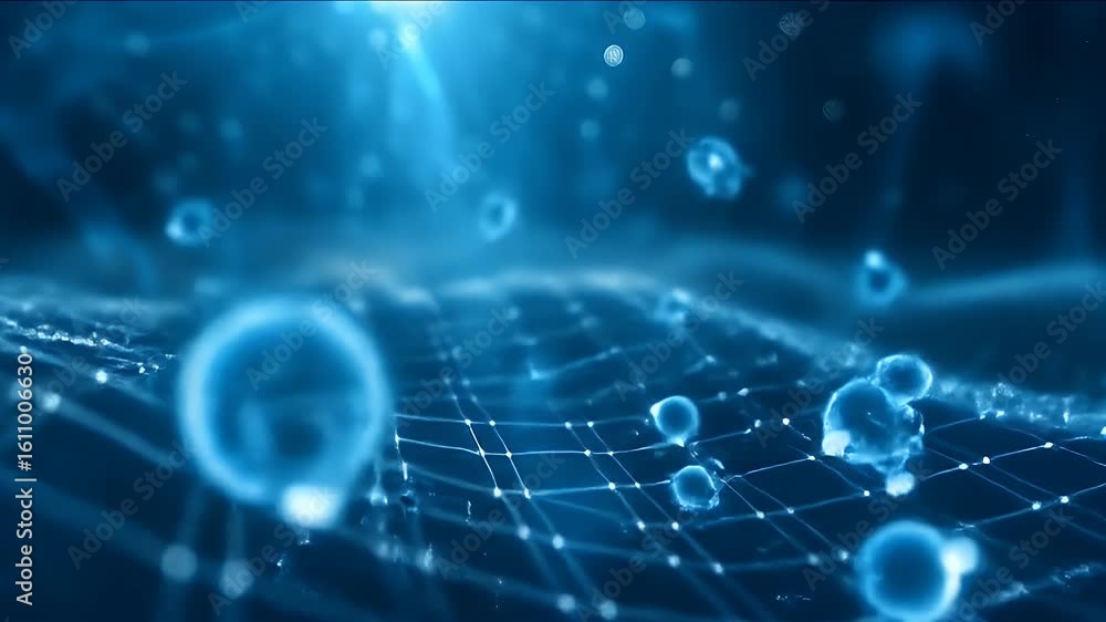Poster abstract blue technological grid network with wavy lines and dots background