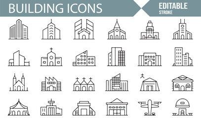Icons of Different Buildings for Architecture, Real Estate, and Construction