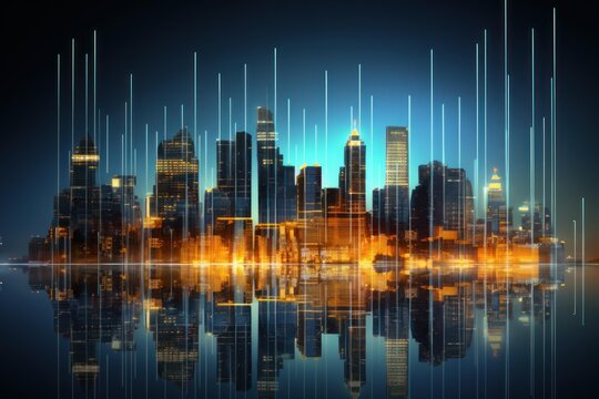 Vibrant city skyline reflecting with vertical light beams