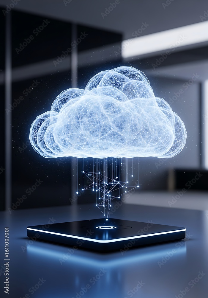 Poster glowing digital cloud data transfer cloud computing