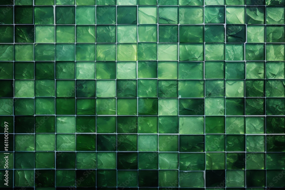 Poster close up view of glossy green square tiles forming a textured mosaic pattern