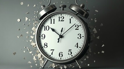 Retro alarm clock shattering into countless pieces symbolizing the passage of time and its inevitable decay