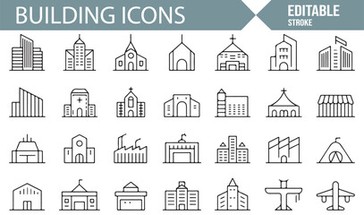 Various Building Icons for Residential, Religious, and Commercial Use