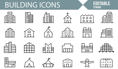 Building Icons Set Featuring Residential, Commercial, and Religious Structures