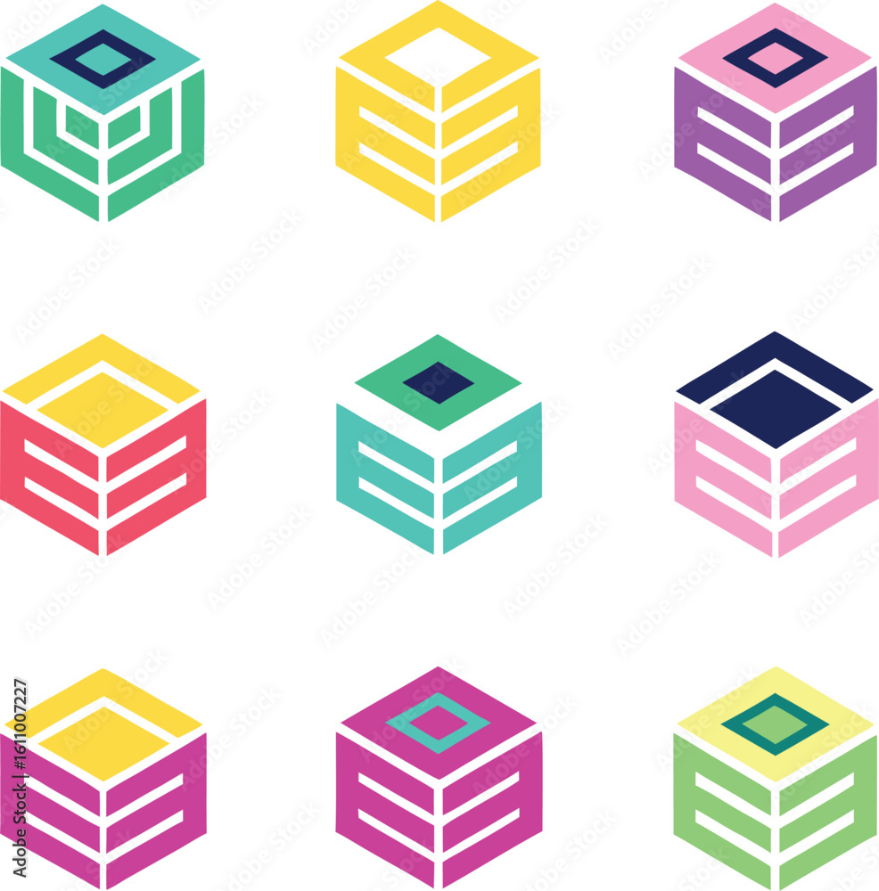Poster a vibrant collection of nine isometric abstract cube logos featuring a spectrum of bright colors and