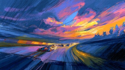 a dynamic landscape at dusk, featuring a highway with speeding by in a blur of motion. the sky transitions through hues of blue, purple, and orange, creating a vibrant backdrop for the scene