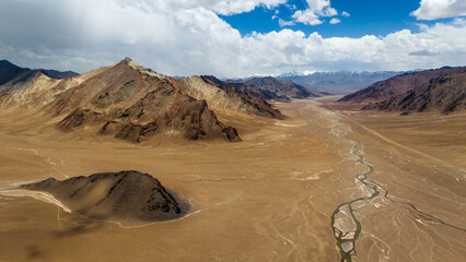 Aerial view of the Pamir Highway winding through the dramatic mountain landscapes of Tajikistan's Gorno-Badakhshan region breathtaking views of the Pamir Mountains  Central Asia's legendary Silk Road 