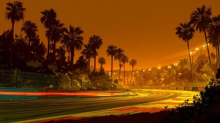a serene nighttime scene of a palm tree lined street in what appears to be los angeles