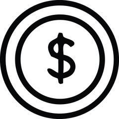 Simple black and white icon of a coin featuring a prominent dollar sign centered within concentric circles