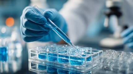 an indoor laboratory setting with a scientist working at a station, holding a test tube