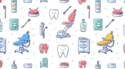 a lively dental office environment, as depicted by various objects that are typically found in such settings. these include items like a chair, a toothbrush, a sink, a scalpel, and other dental tools