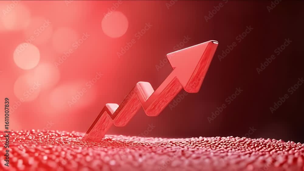 Poster red arrow rising upward over gradient surface with bokeh background indicating growth