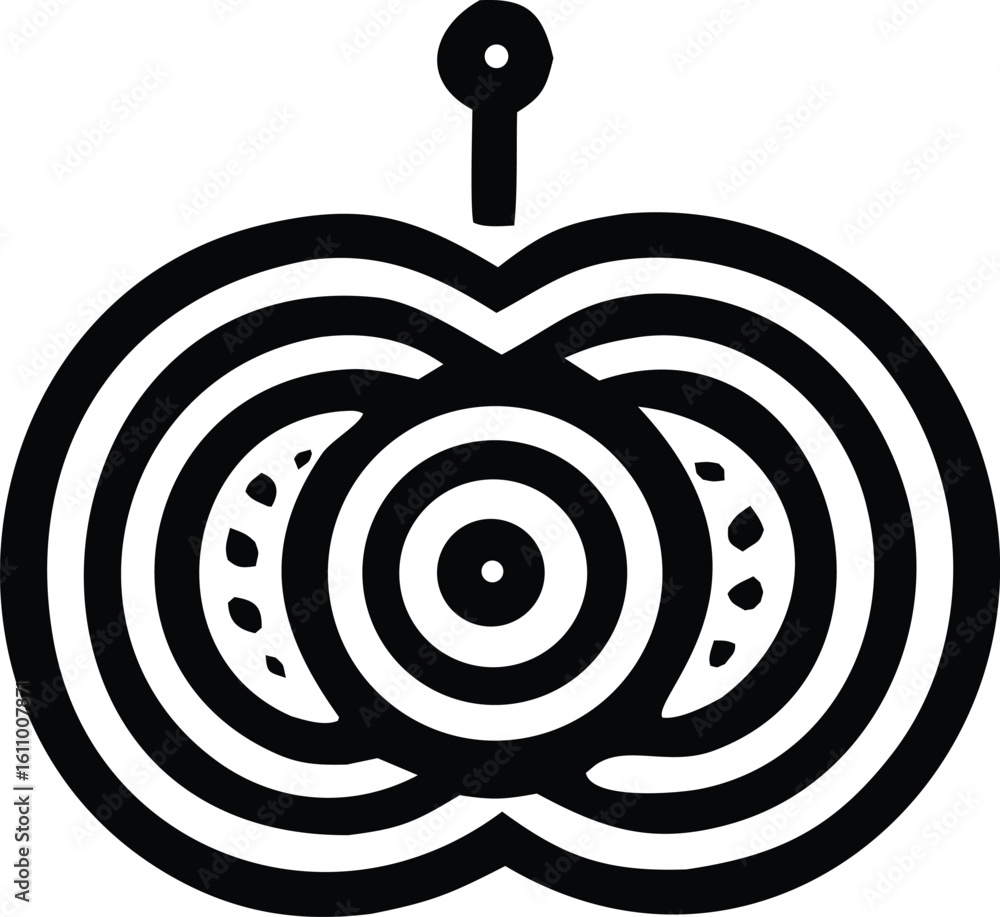 Poster intricate black and white circular symbol featuring concentric rings and a stem like element at the 
