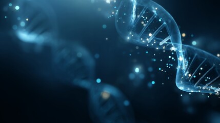 a molecular biology concept with a dna double helix in the foreground against a blurred background of microscopic elements that could be cells or proteins
