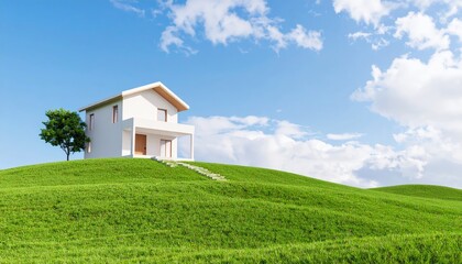 Fototapeta premium Modern farmhouse on meadow hill for real estate concept, 3d rendering