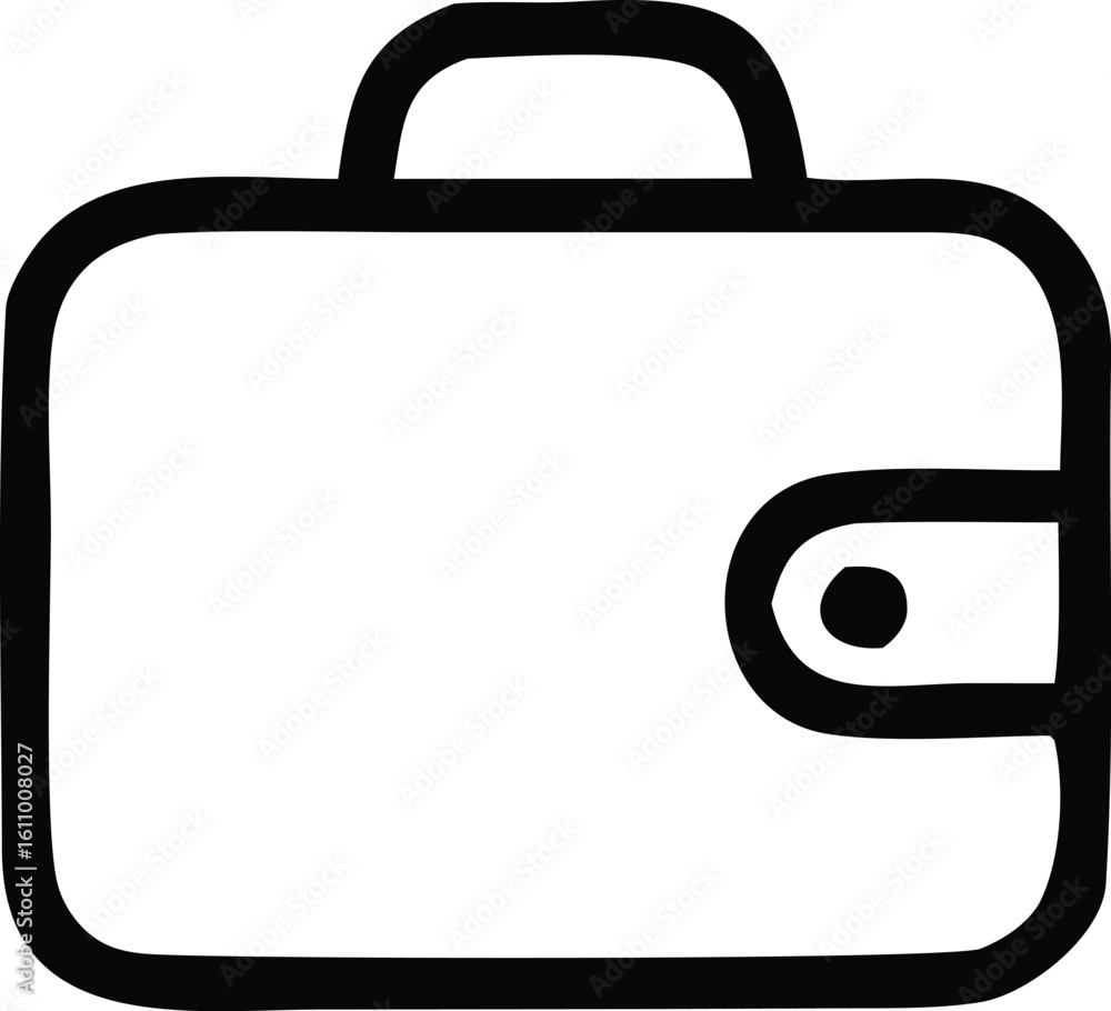 Poster simple line art icon depicting a closed wallet with a secure snap closure and a top handle for carry