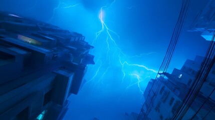 an urban nightscape dominated by a large blue storm, creating an ethereal atmosphere over a city skyline. electricity lines crisscross the foreground, hinting at a bustling city beneath the tempest