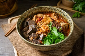 Rice Vermicelli with Northern Thai Curry Sauce, Thai called Khanom Jeen Nam Ngiao, Northern thai cusine