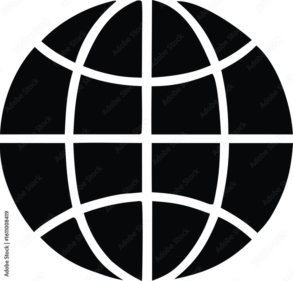Poster a stark black and white graphic representation of a stylized globe with intersecting white lines for