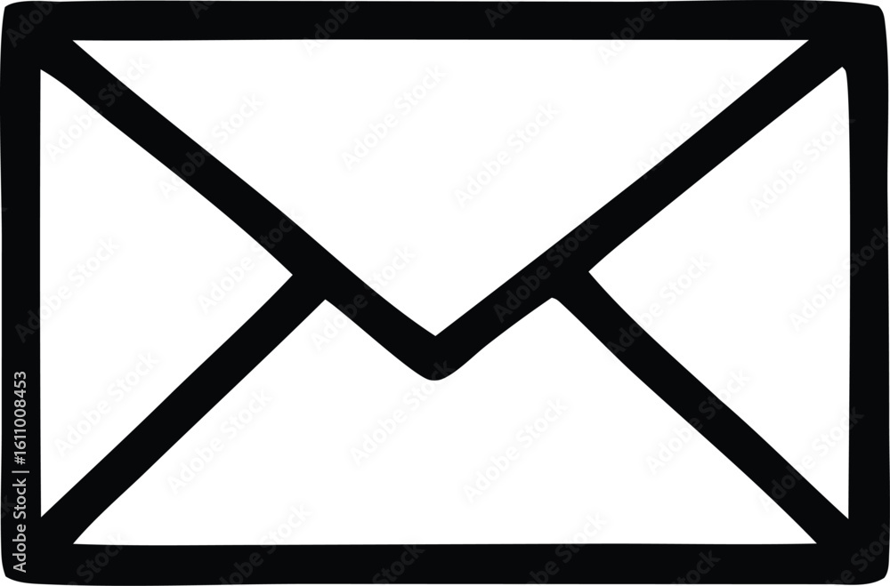 Poster hand drawn simple black outline of an open envelope symbol on a white background representing commun