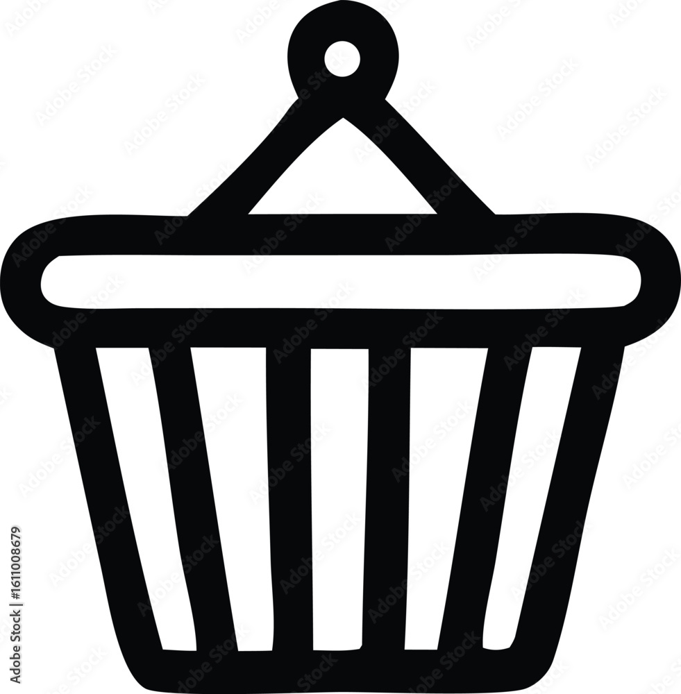 Poster a simple black and white outline icon of a shopping basket with a handle representing commerce and r