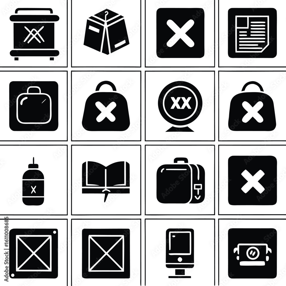 Poster collection of black and white icons representing various objects and symbols including luggage docum