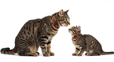 Fototapeta premium Adult and kitten cats gazing at each other with collars 