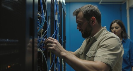 Tech worker inspects wires, rack, server; colleague in background, focused