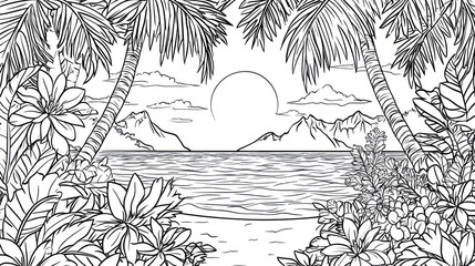 Tropical Beach Scene, Black and White, Sunset