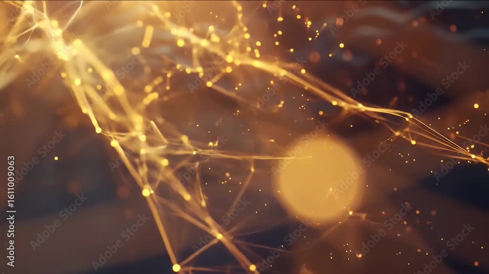 Poster abstract golden lines connecting dots structure with glowing light effects