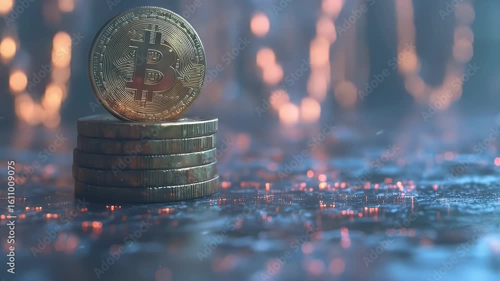 Poster stack of golden cryptocurrency coins on dark surface with bokeh light background