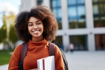 Happy student smiling and holding books on university campus, ready for class