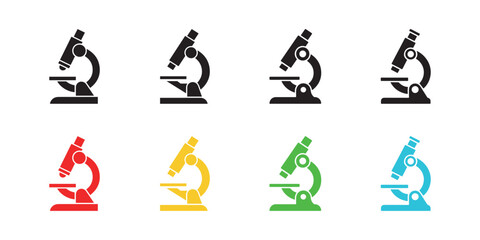 Eight colorful microscope icons in black, red, yellow, green, and blue on white background