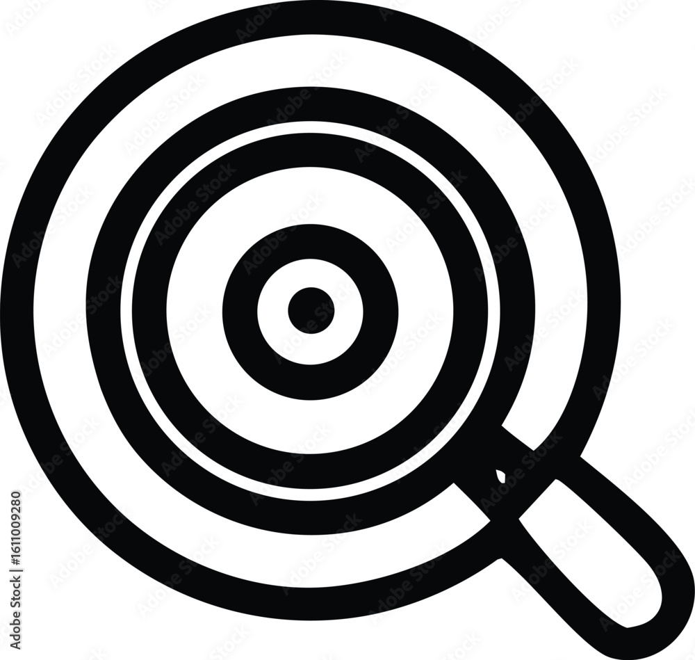 Poster a simple black and white line drawing of a frying pan with concentric circles representing a target 
