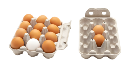 Two egg cartons one full of eggs and one partially filled    .ai generative, transparent background, white background. isolated on white background