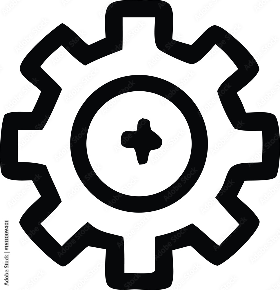 Poster simple black and white line drawing of a gear with a cross shape in the center representing mechanic