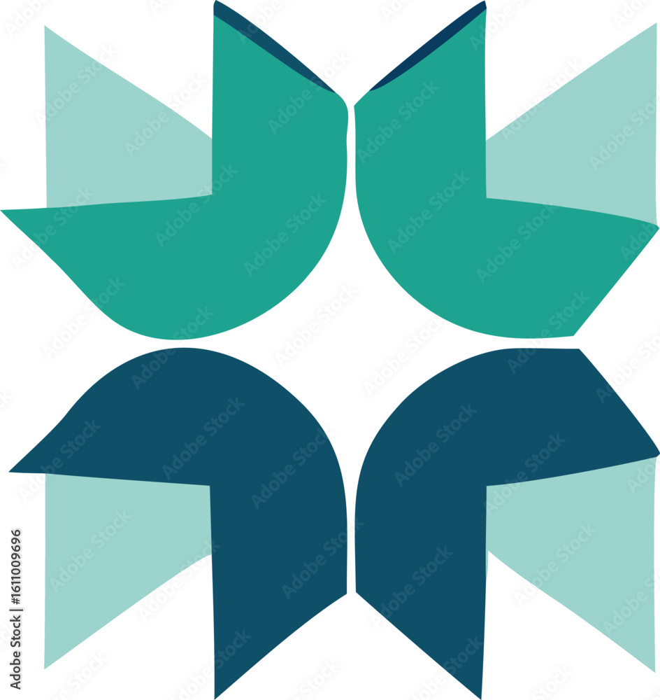 Poster abstract geometric starburst design featuring teal and navy blue petal like shapes intersecting in a
