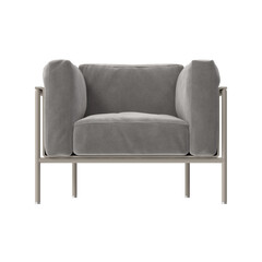 Modern Armchair with box shape and Gray Upholstery - Front View Isolated
