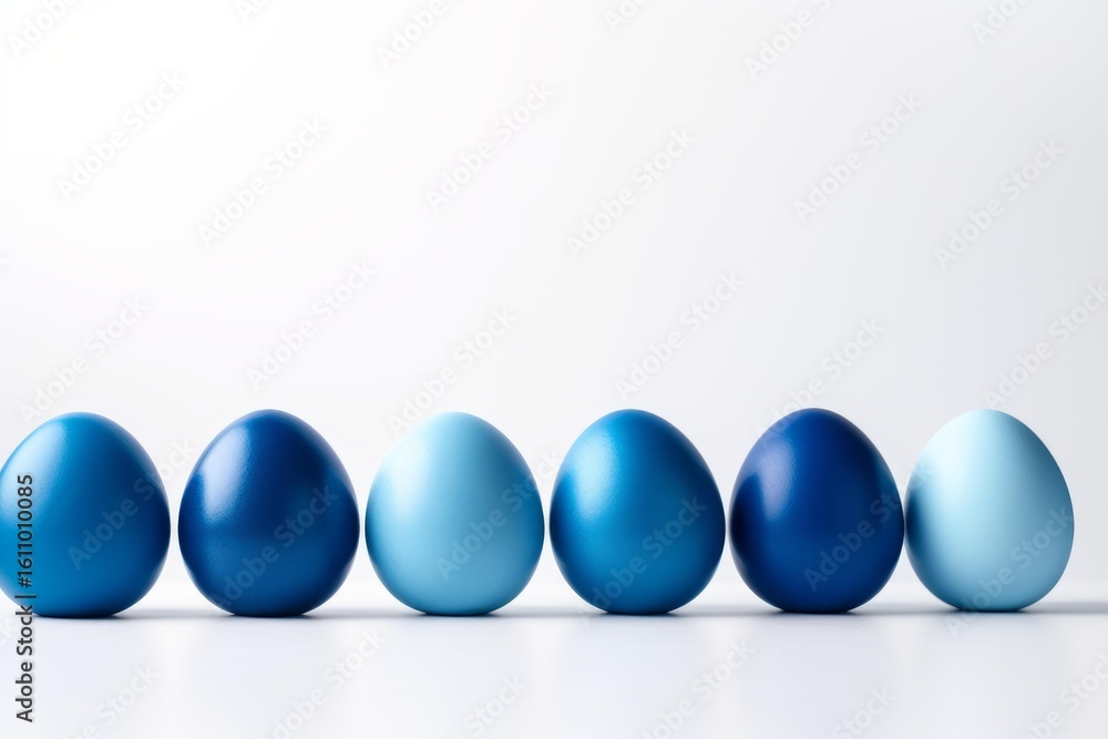 Poster six naturally dyed blue easter eggs creating a gradient are arranged in a perfect row on a seamless 