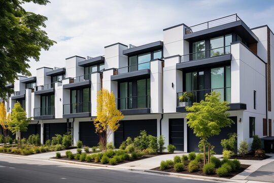 Contemporary townhouses featuring balconies, garages, and landscaping, showcasing modern residential architecture - Powered by Adobe