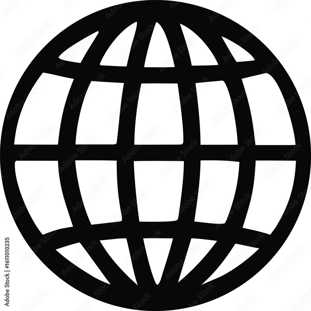 Poster a stark black and white illustration of a stylized globe with a grid pattern representing continents
