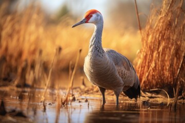 Obraz premium Sandhill crane wading in golden marsh during sunset