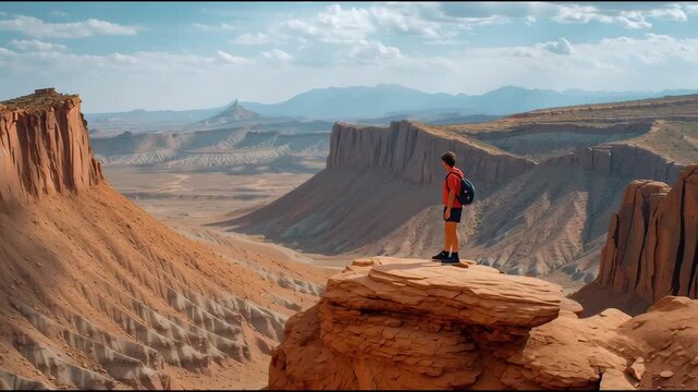Hiker Standing at Canyon Edge, Gazing Into Vast Landscape Below