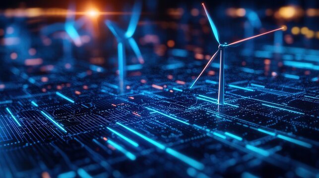 nature conservation concept. Futuristic wind turbines on a digital grid with glowing elements.