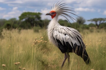 Fototapeta premium Secretary bird walking in the savanna grass with trees in the background