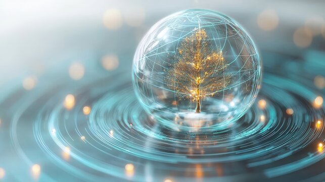 nature conservation concept. A tree enclosed in a glass sphere with glowing lights and rippling water.